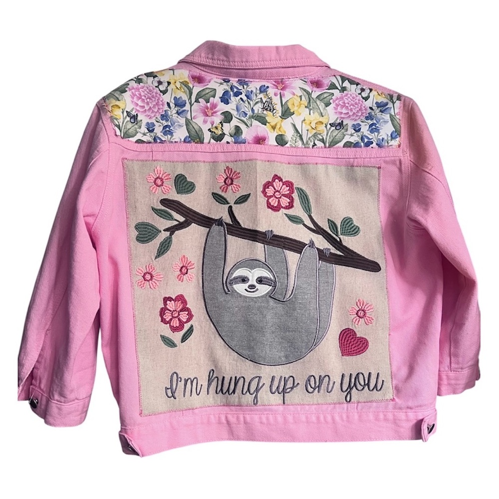 Refashion Pink Denim Jacket – “I’m Hung Up On You” Sloth Embroidered Back